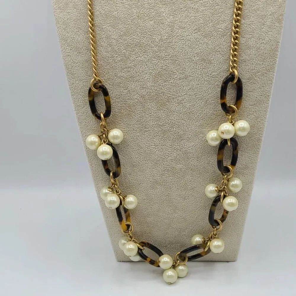 J Crew Faux Pearl and Tortoise Link Long Gold Tone Necklace